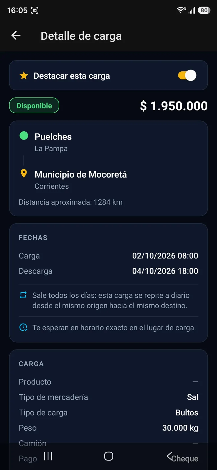 Detalle de una carga con el interruptor para destacarla arriba de la tarifa