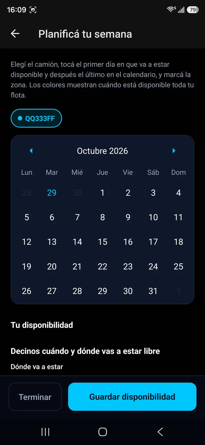 Calendario para planificar la disponibilidad semanal de la flota