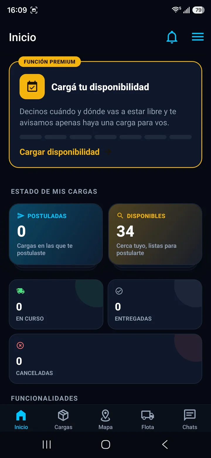 Inicio del transportista con 34 cargas disponibles cerca