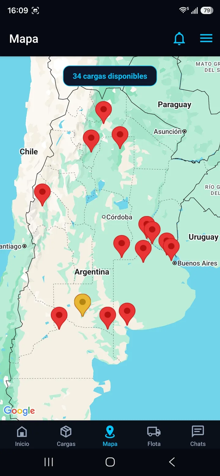 Mapa con las cargas disponibles agrupadas por zona